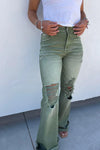 Olive colored wide leg, stretchy Dad jeans