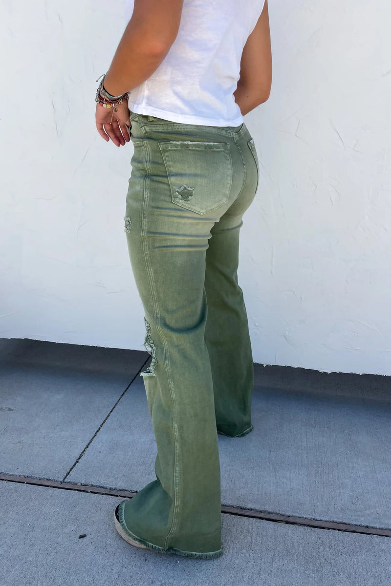 Olive colored wide leg, stretchy Dad jeans